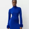 Vestido midi de manga larga con puños de pelo sintético Blue