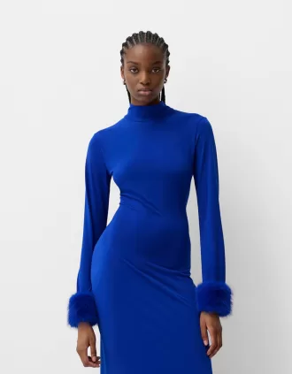 Vestido midi de manga larga con puños de pelo sintético Blue