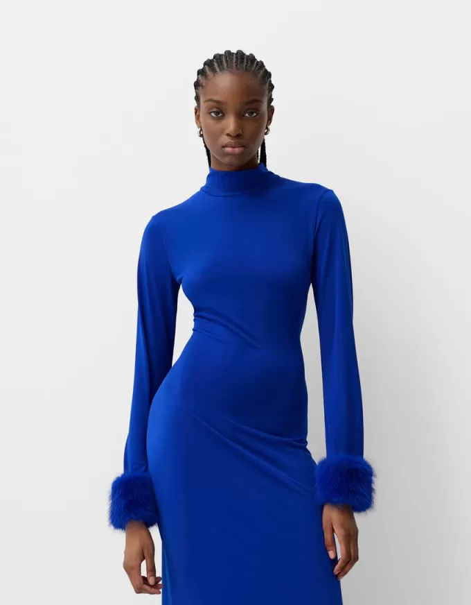 Vestido midi de manga larga con puños de pelo sintético Blue