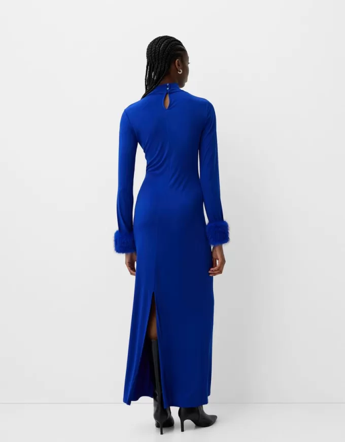 Vestido midi de manga larga con puños de pelo sintético Blue