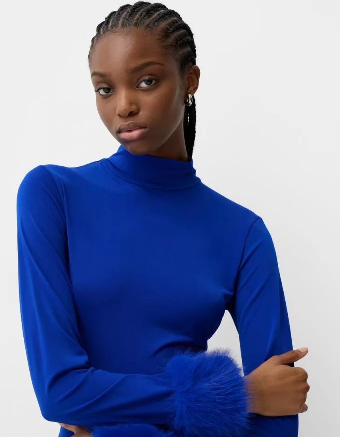 Vestido midi de manga larga con puños de pelo sintético Blue