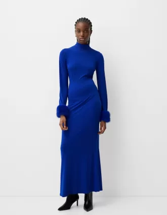 Vestido midi de manga larga con puños de pelo sintético Blue