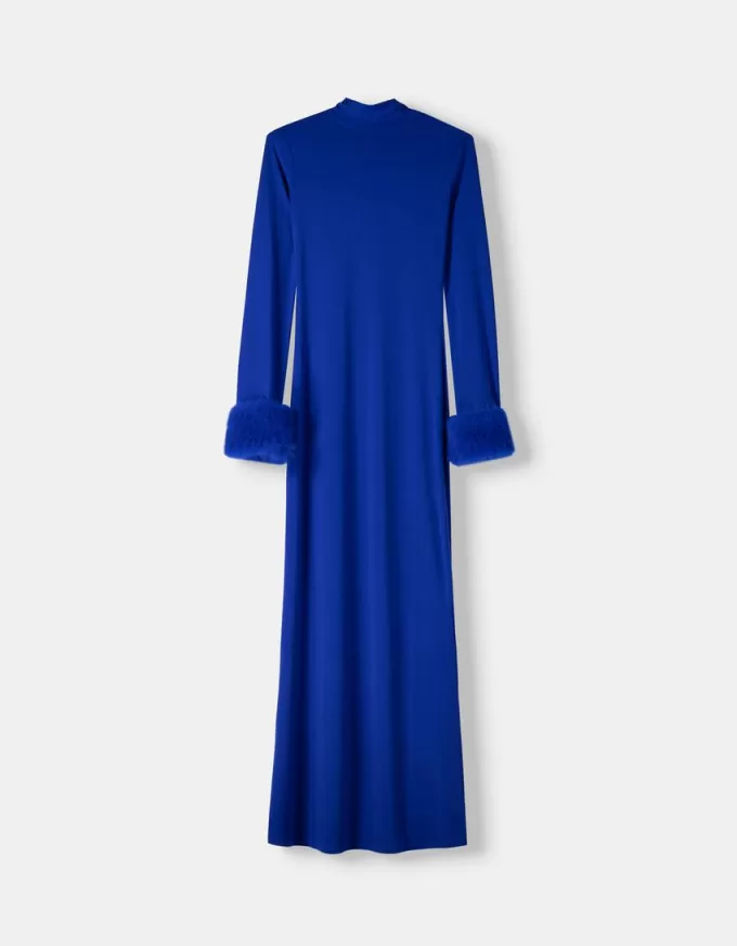 Vestido midi de manga larga con puños de pelo sintético Blue