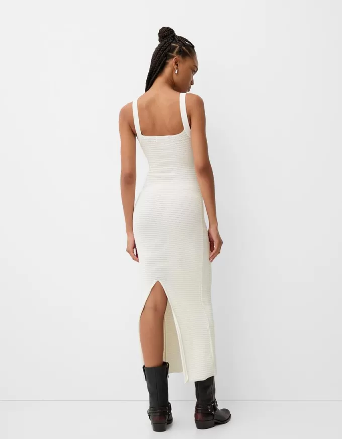 Vestido midi de punto abierto con tirantes Cream