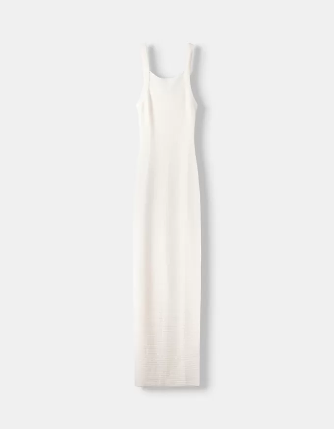 Vestido midi de punto abierto con tirantes Cream