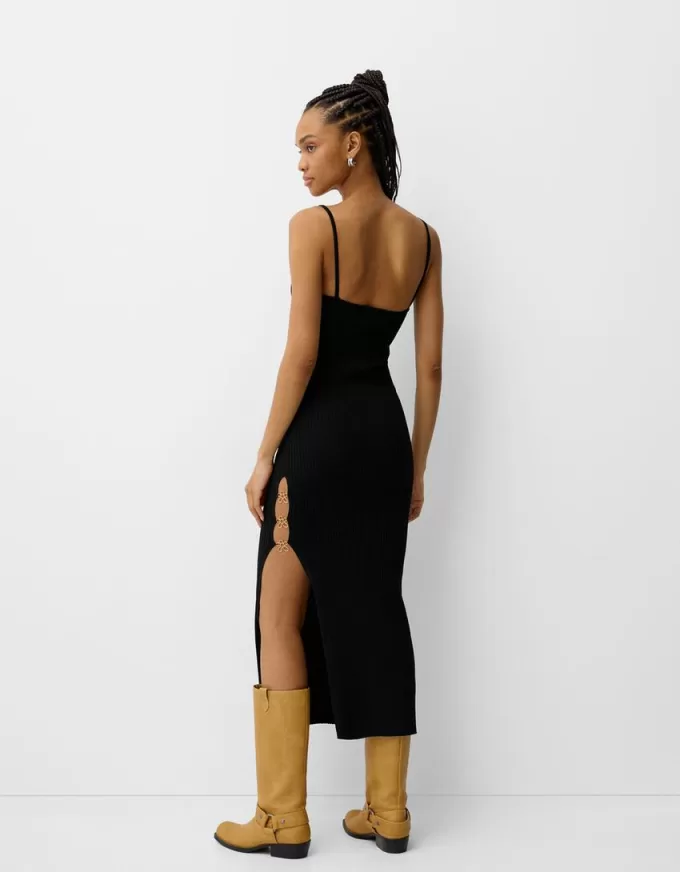 Vestido midi de punto con pedrería Black