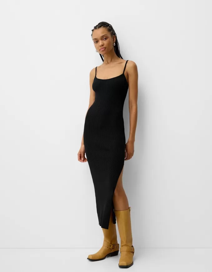 Vestido midi de punto con pedrería Black