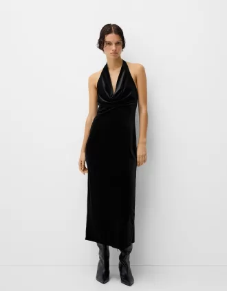 Vestido midi de terciopelo con cuello halter Black