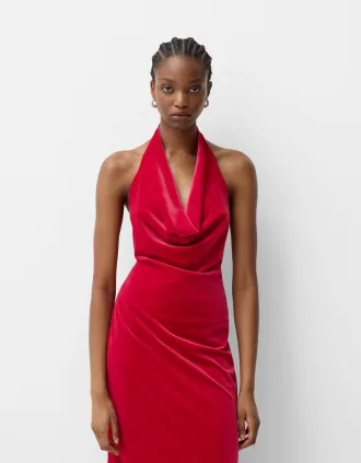 Vestido midi de terciopelo con cuello halter Red