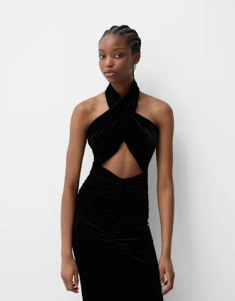 Vestido midi de terciopelo con cuello halter Black
