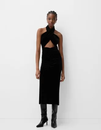 Vestido midi de terciopelo con cuello halter Black