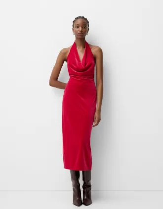 Vestido midi de terciopelo con cuello halter Red