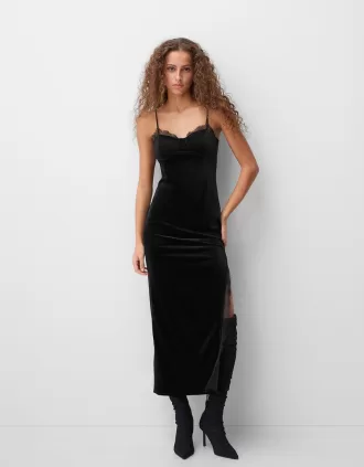 Vestido midi de terciopelo con encaje Black