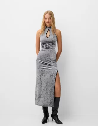 Vestido midi de terciopelo con escote lágrima Grey