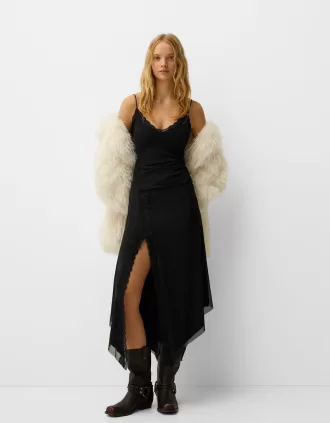 Vestido midi de tul con encaje Black
