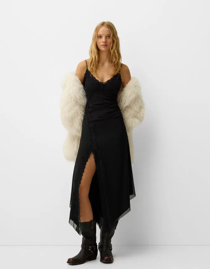 Vestido midi de tul con encaje Black