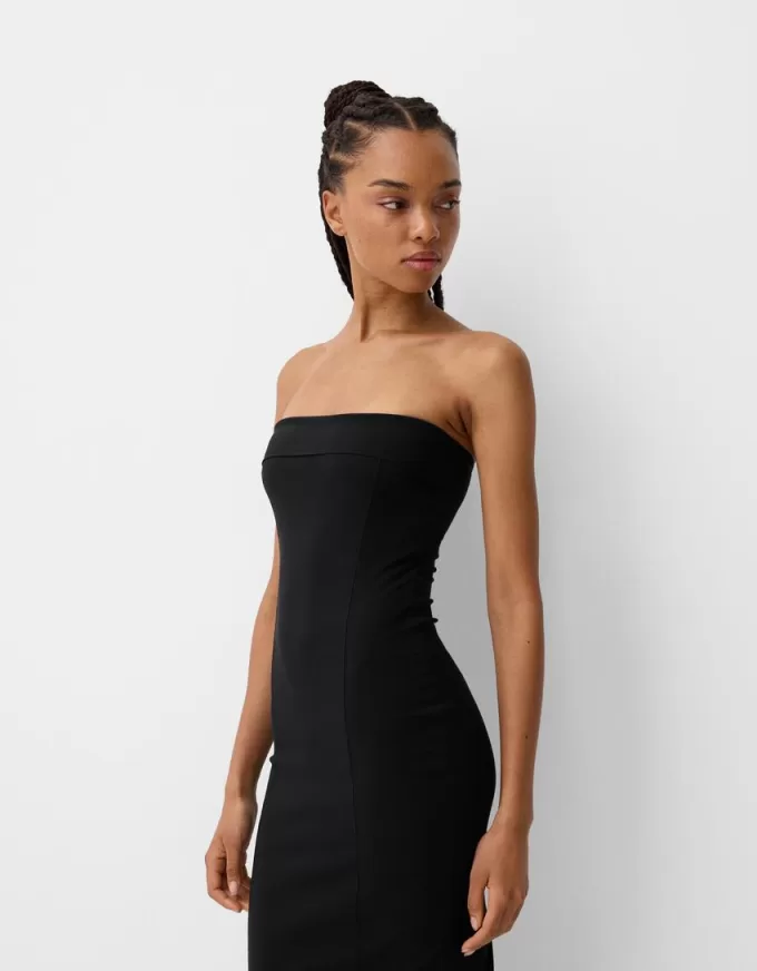 Vestido midi escote bandeau Black