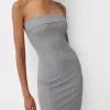 Vestido midi escote bandeau Grey
