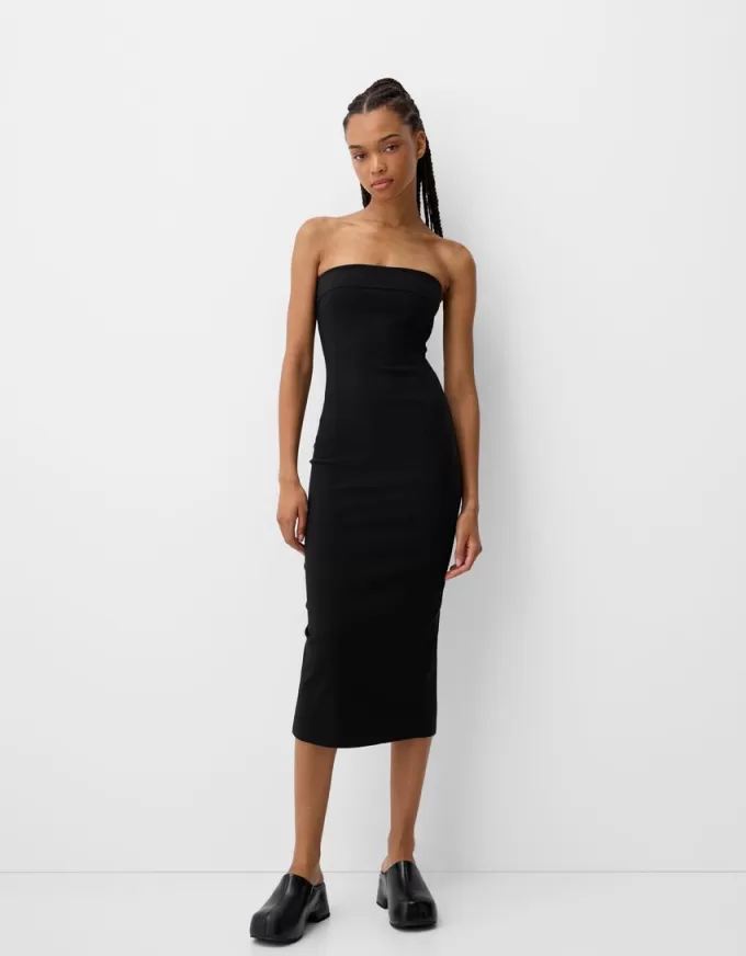 Vestido midi escote bandeau Black