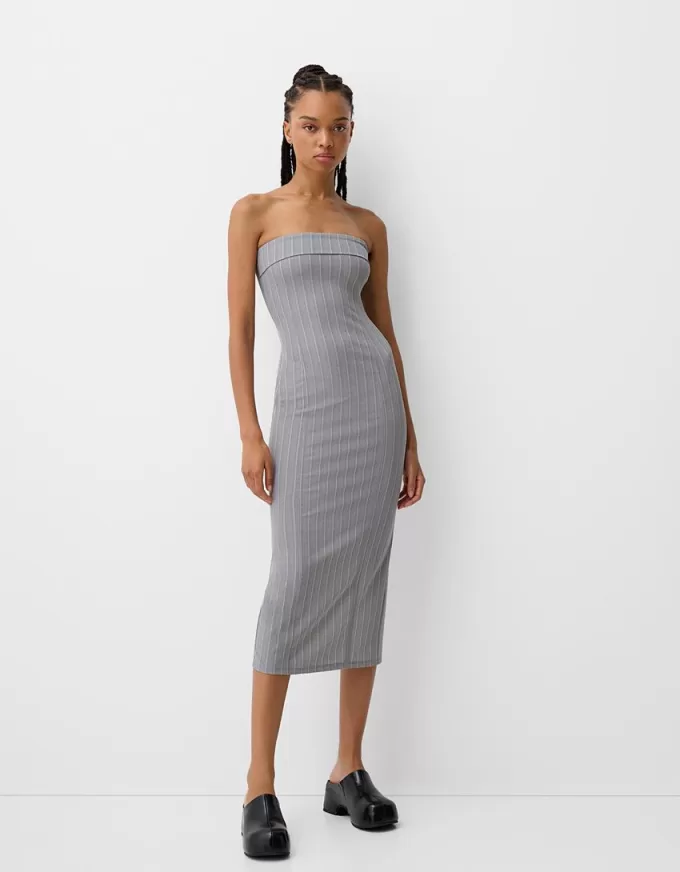 Vestido midi escote bandeau Grey