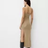 Vestido midi escote bandeau con hilo metalizado Gold
