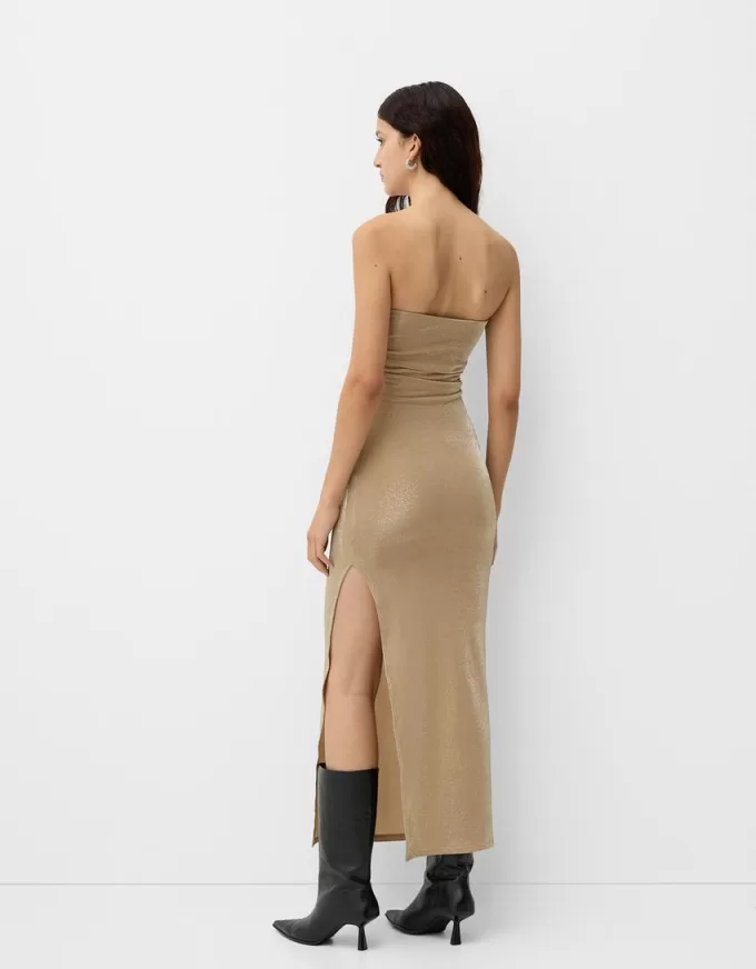 Vestido midi escote bandeau con hilo metalizado Gold