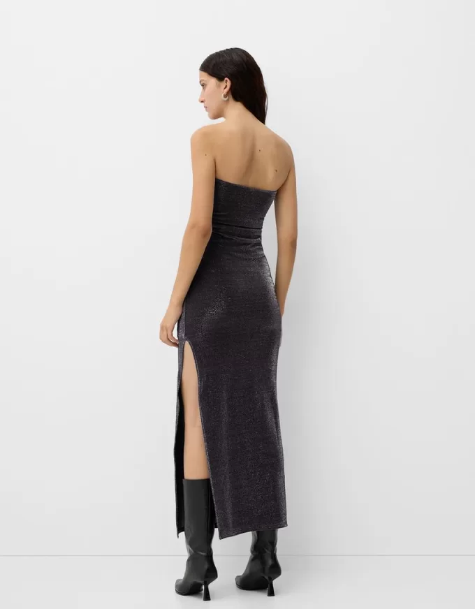 Vestido midi escote bandeau con hilo metalizado Black