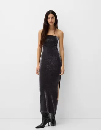 Vestido midi escote bandeau con hilo metalizado Black