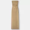 Vestido midi escote bandeau con hilo metalizado Gold