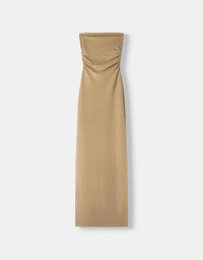 Vestido midi escote bandeau con hilo metalizado Gold