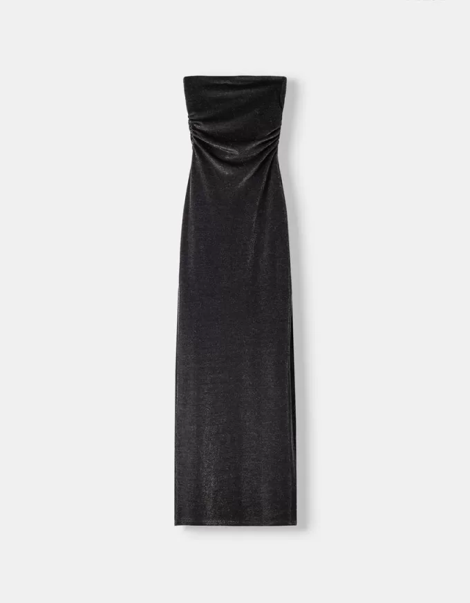 Vestido midi escote bandeau con hilo metalizado Black