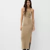Vestido midi escote bandeau con hilo metalizado Gold