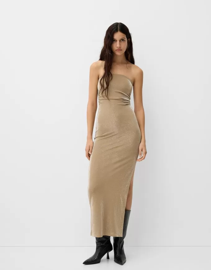 Vestido midi escote bandeau con hilo metalizado Gold