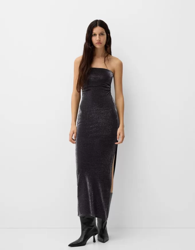 Vestido midi escote bandeau con hilo metalizado Black