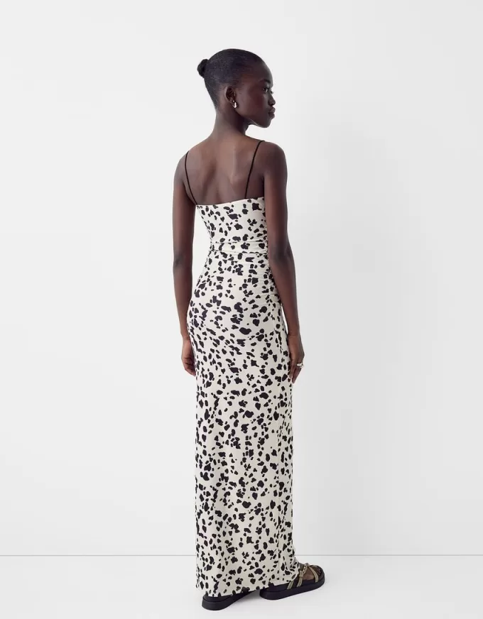 Vestido midi estampado animal Beige