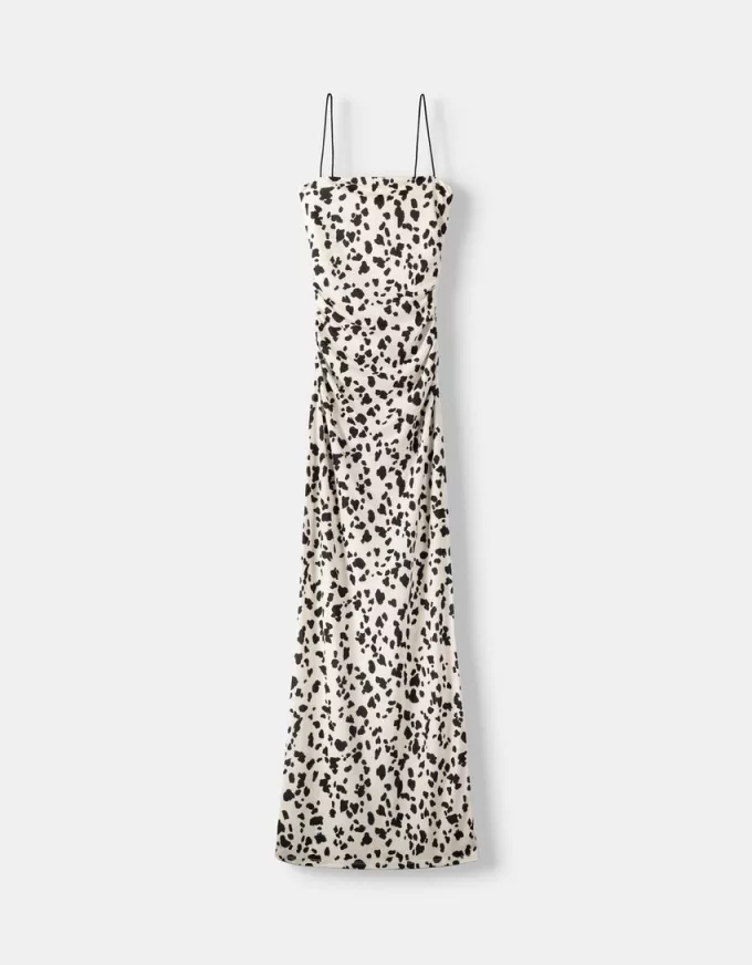 Vestido midi estampado animal Beige