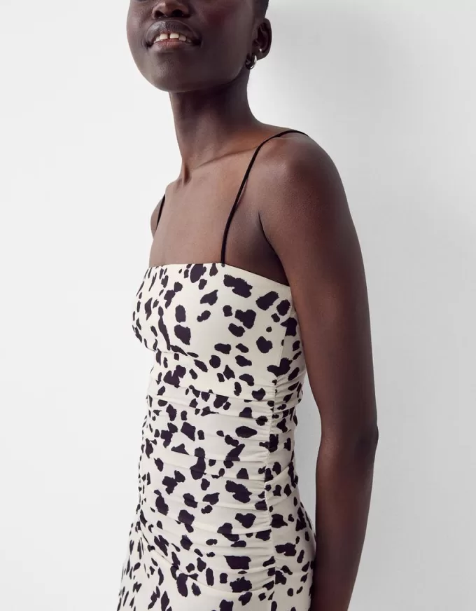 Vestido midi estampado animal Beige