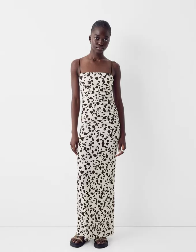 Vestido midi estampado animal Beige