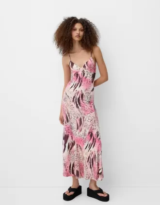 Vestido midi estampado animal Pink