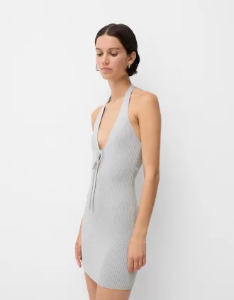 Vestido midi halter con hilo metalizado Silver