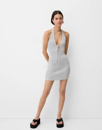 Vestido midi halter con hilo metalizado Silver