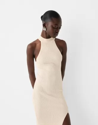 Vestido midi halter de canalé Cream