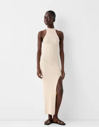 Vestido midi halter de canalé Cream
