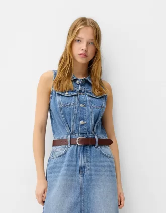 Vestido midi vaquero con cinturón Light blue