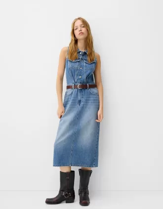 Vestido midi vaquero con cinturón Light blue