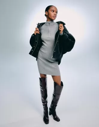 Vestido mini de canalé con cremallera Dark grey