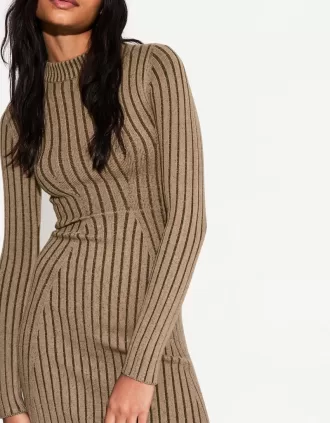 Vestido mini de canalé de manga larga Brown