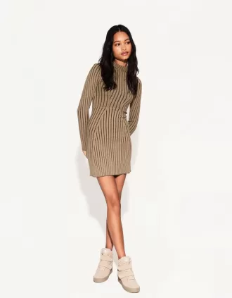 Vestido mini de canalé de manga larga Brown